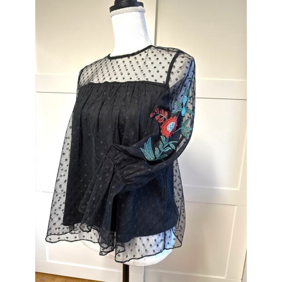 Sweet Rain Blouse Womens sz S Black Sheer Mesh Long Sleeve Floral Embroidery EUC - Picture 1 of 7